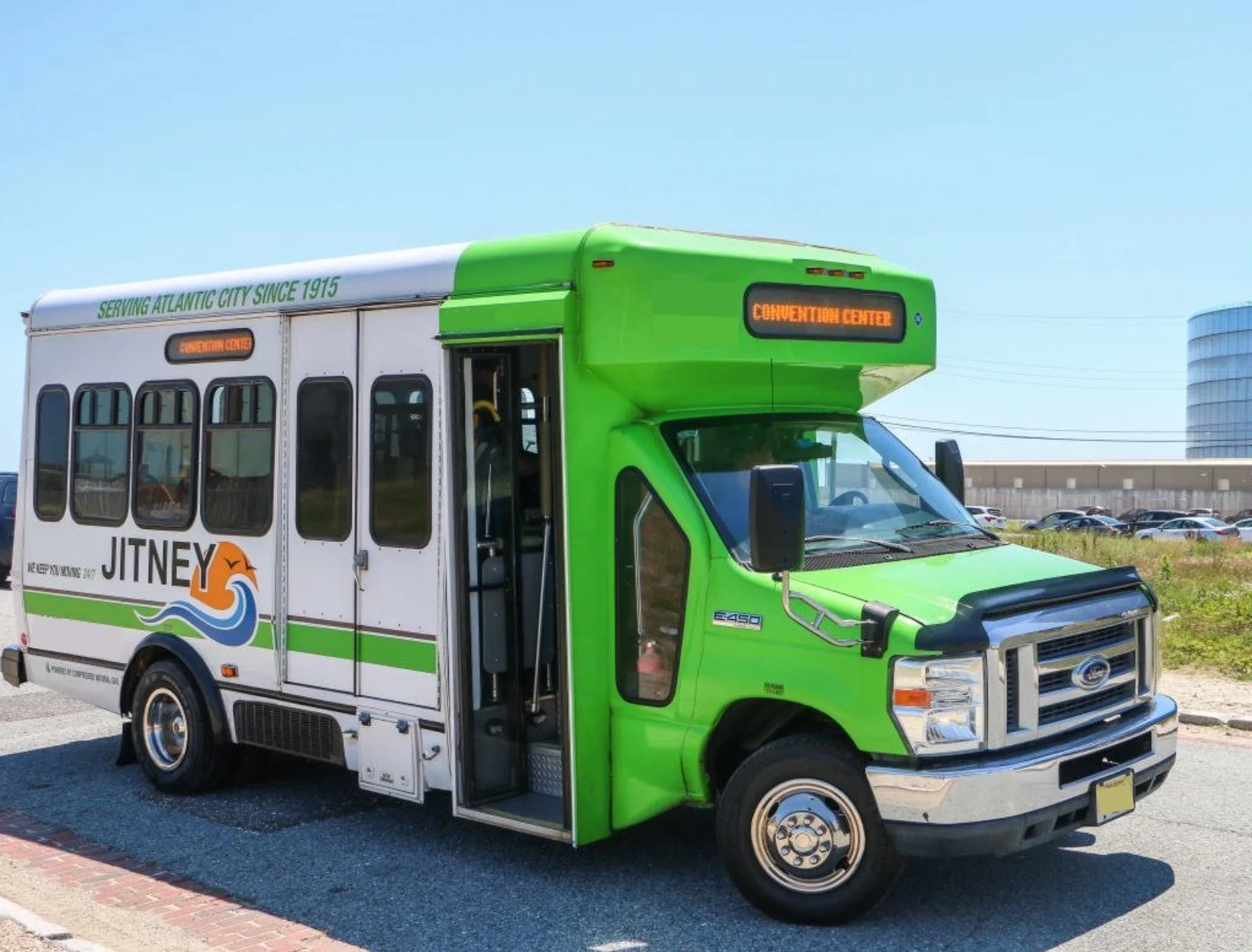 Jitney Shuttle 13-passenger minibus in South Jersey, group transportation vehicle for hire parked.